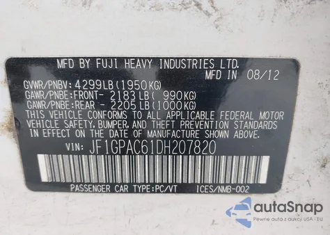 2013 Subaru Impreza 2.0I Premium из США, поврежденный, VIN JF1GPAC61DH207820